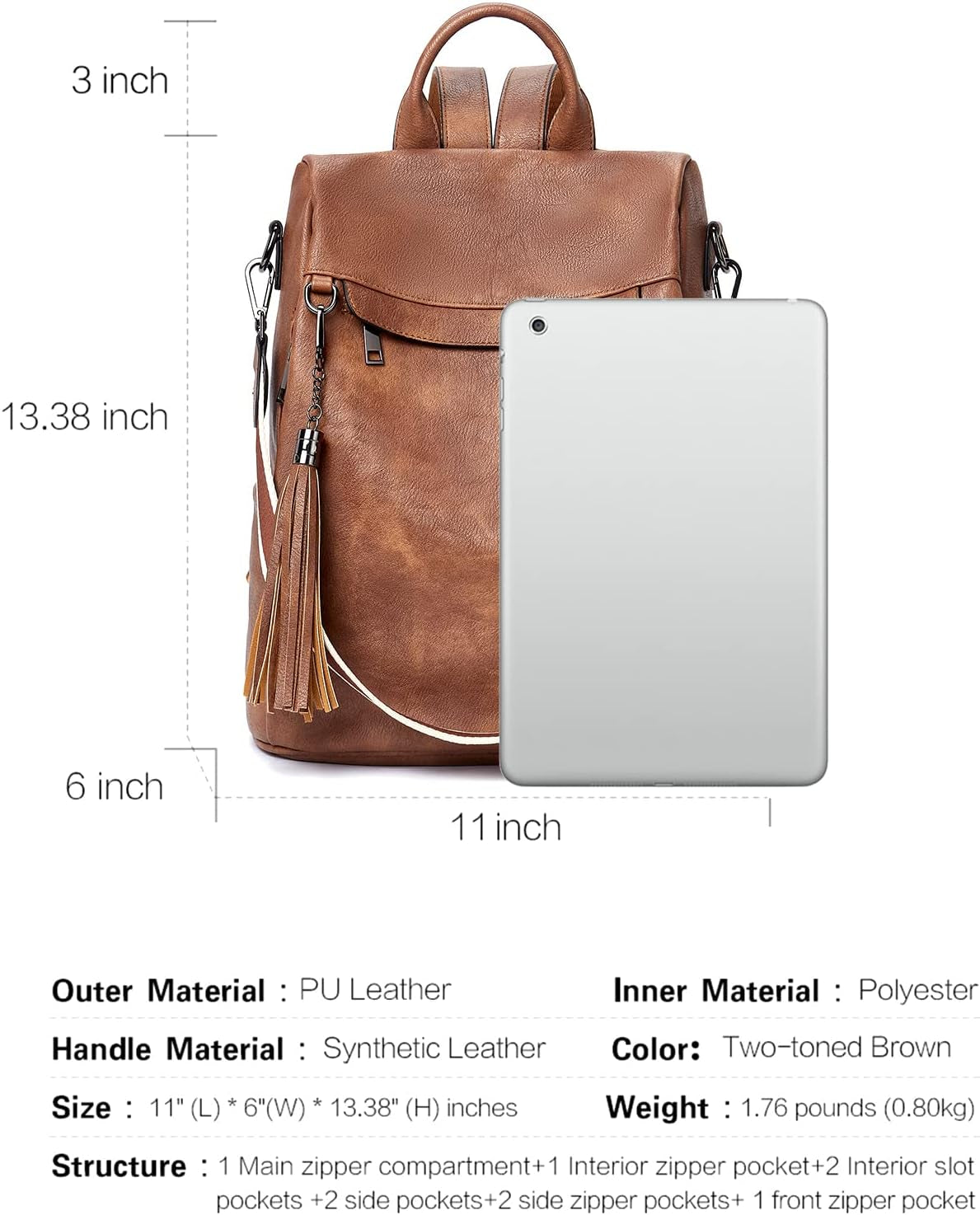 Backpack Purse for Women, PU Leather anti Theft Travel Backpack Purse Shoulder Bags with Tassel